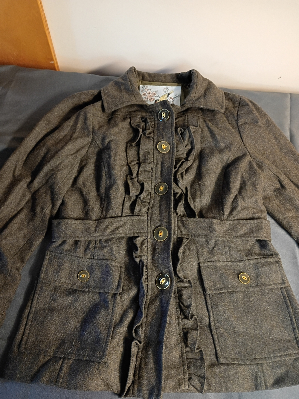 Tabitha Grey Ruffle Wool-Blend Button Front Jacket